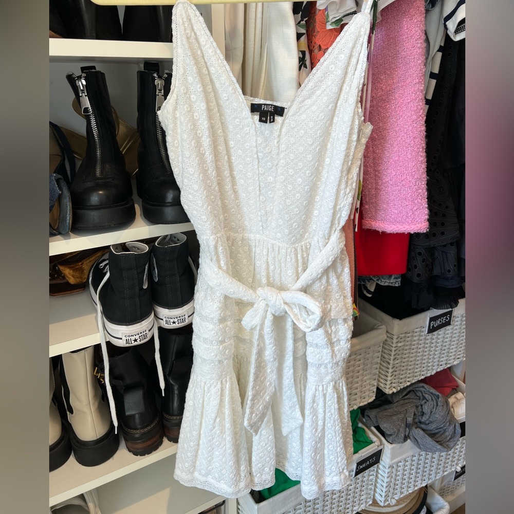 Paige - white eyelet XS dress; with tie sash